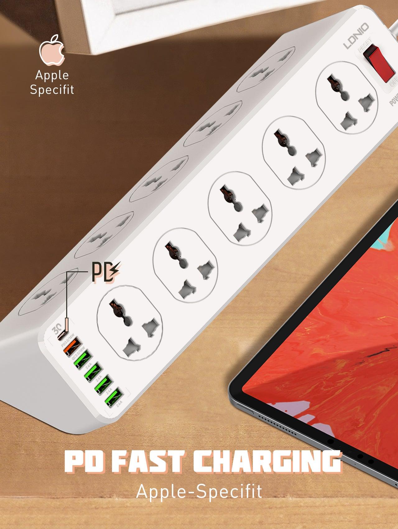 LDNIO SC10610 10-Socket Power Strip with 4 USB Ports & 30W PD Fast Charging – 2500W Surge Protected - Saleshubstore