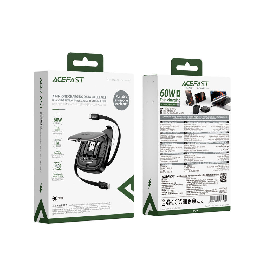 Acefast J3 Multifunctional Travel Set with Retractable Charging Data Cable – Black