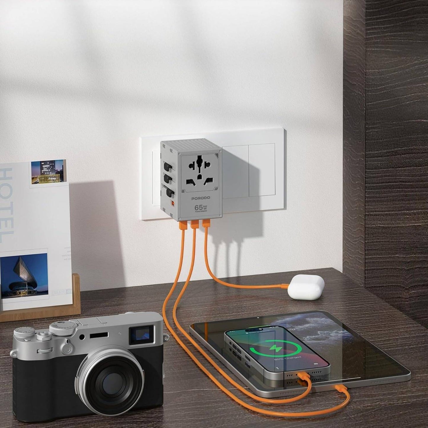 Porodo GaN 5-Port Travel Block Universal Charger Grey ports and plugs