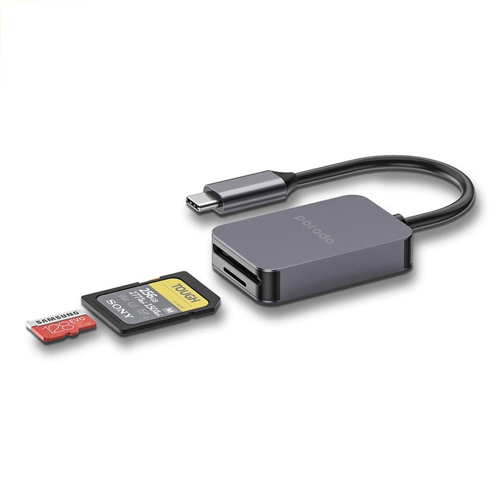 Porodo 2-in-1 USB-C Card Reader SD MicroSD - Grey - additional official image