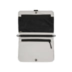 A white and black travel pouch with multiple zippered compartments and a snap button closure, shown against a plain white background.