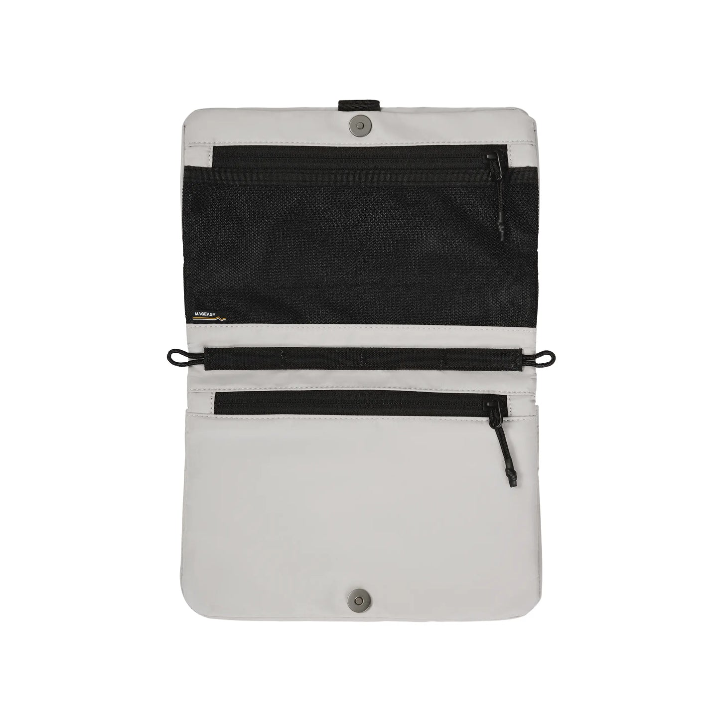 A white and black travel pouch with multiple zippered compartments and a snap button closure, shown against a plain white background.