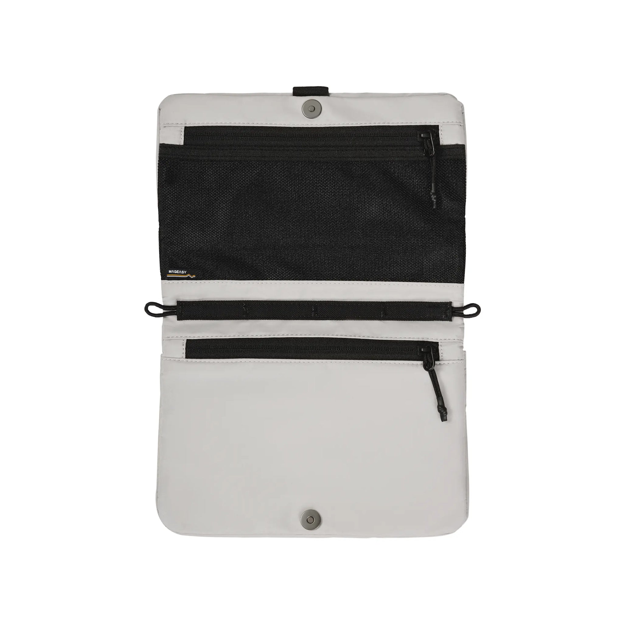 A white and black travel pouch with multiple zippered compartments and a snap button closure, shown against a plain white background.