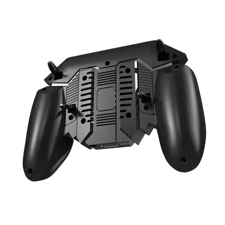 A black dual grip game controller accessory with a textured central chassis, shown from a top-down angle on a white background.