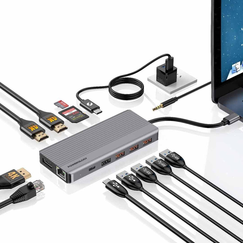Powerology 13-in-1 USB-C hub multi-device workspace view