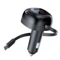 Porodo Dual Port Car Charger 80cm Retractable Type-C Cable - Black