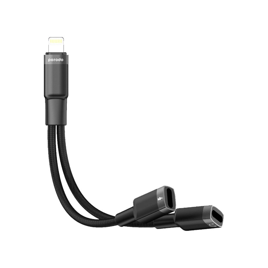 Porodo 2-in-1 Lightning to 2Lightning Jack Headphone and Charging Converter Adapter - Black