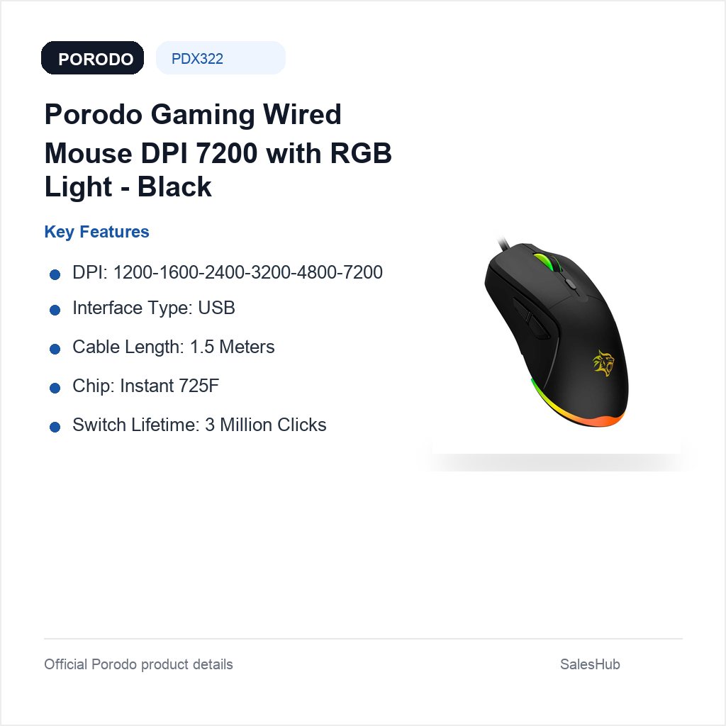 Porodo Gaming Wired Mouse DPI 7200 with RGB Light - Black - key features
