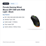 Porodo Gaming Wired Mouse DPI 7200 with RGB Light - Black - key features