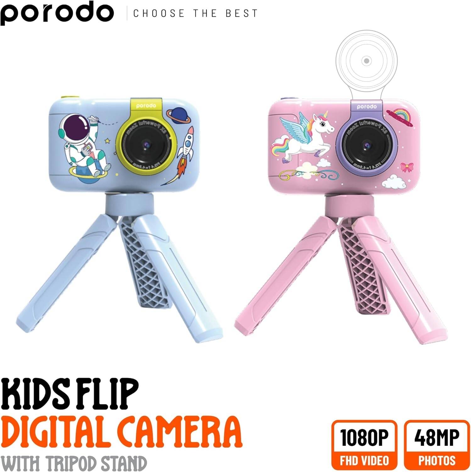 Porodo Kids Flip Digital Camera Pink package and accessories