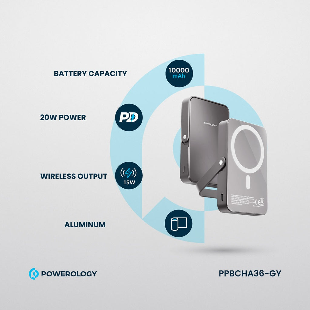 Powerology magnetic power bank Grey integrated stand view