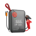 Black jump starter with red clamps and display on a white background