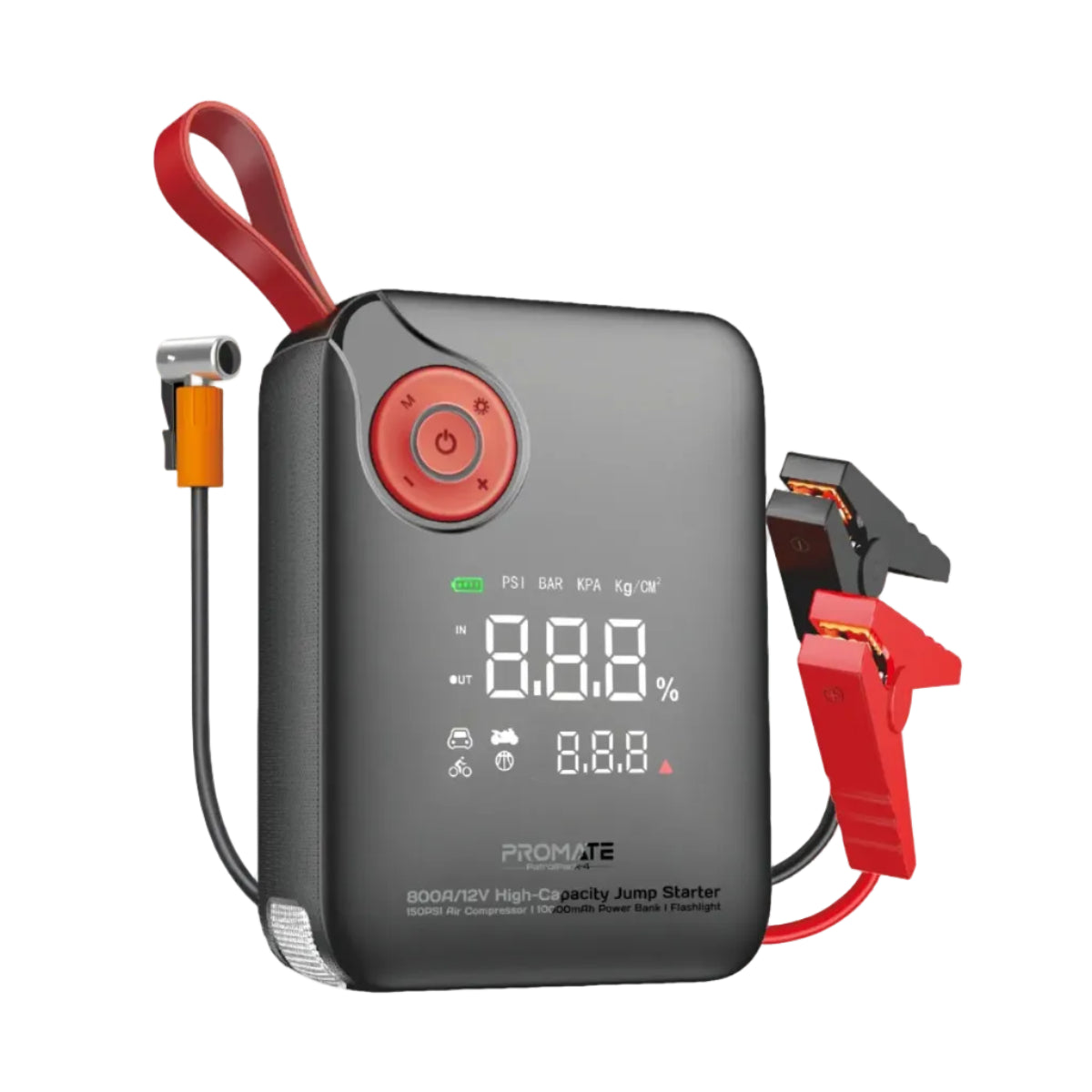 Black jump starter with red clamps and display on a white background