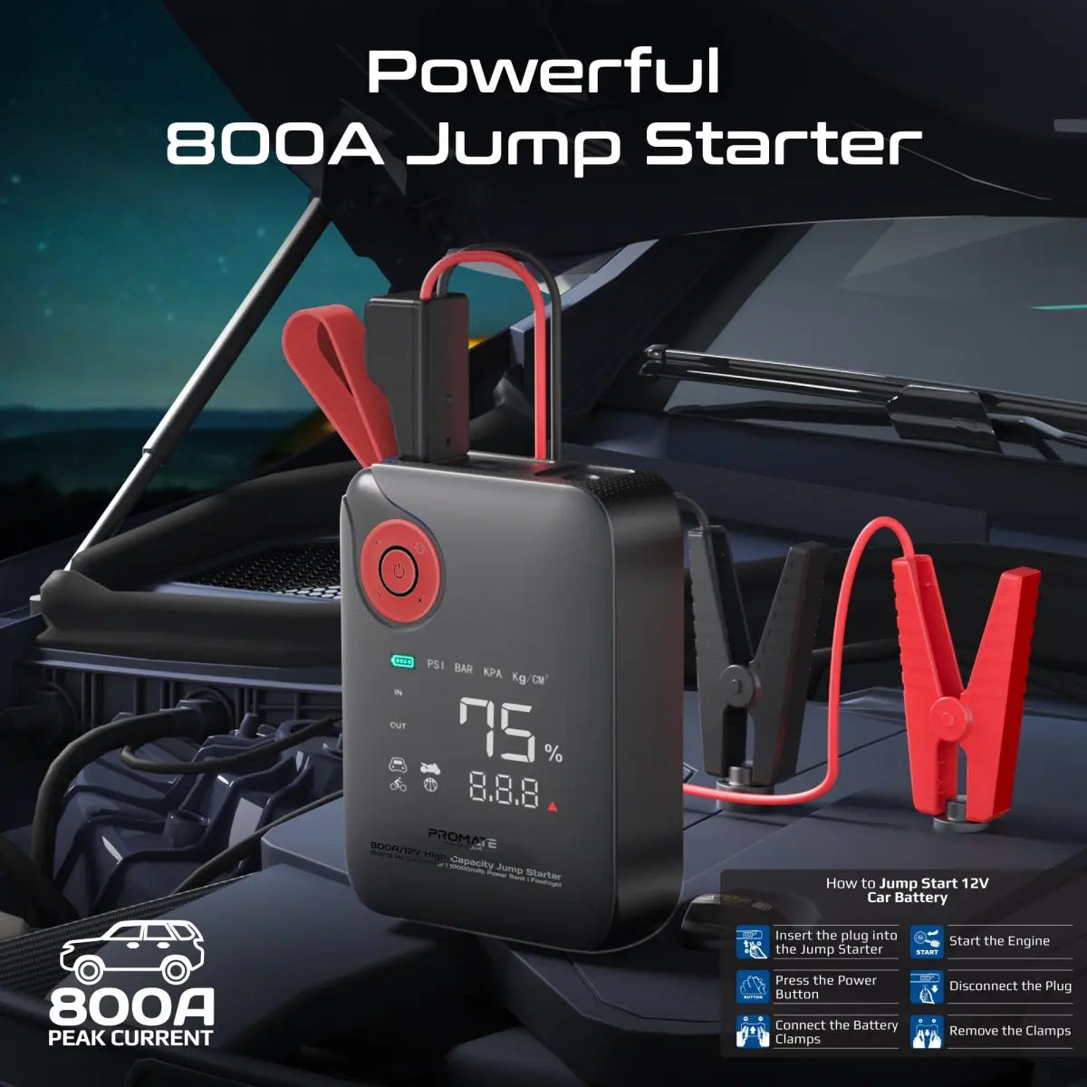 800A jump starter with digital display on a car battery background