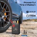 Tire inflator with car tire and vehicle in the background, emphasizing tire inflation capabilities.