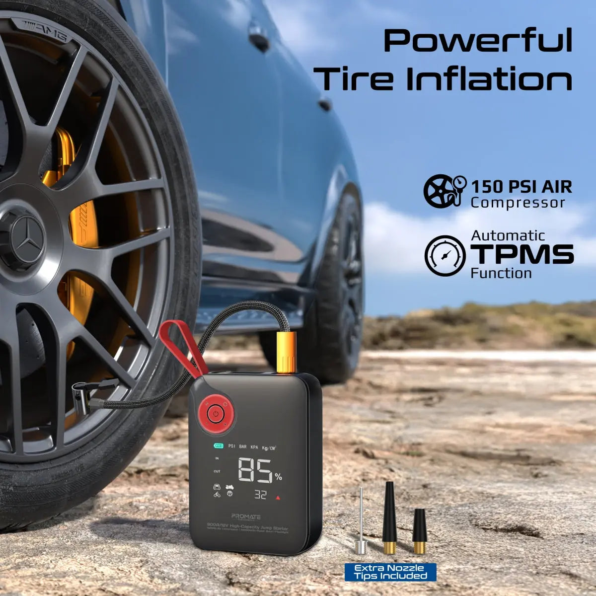 Tire inflator with car tire and vehicle in the background, emphasizing tire inflation capabilities.