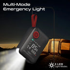 Multi-mode emergency light with digital display in front of a tent at night