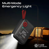 Multi-mode emergency light with digital display in front of a tent at night