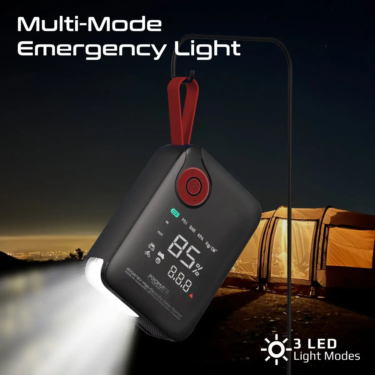 Multi-mode emergency light with digital display in front of a tent at night