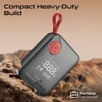 Portable electronic device with digital display on a rocky surface, emphasizing 'Compact Heavy-Duty Build' and 'Portable Case Included'.