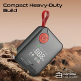 Portable electronic device with digital display on a rocky surface, emphasizing 'Compact Heavy-Duty Build' and 'Portable Case Included'.