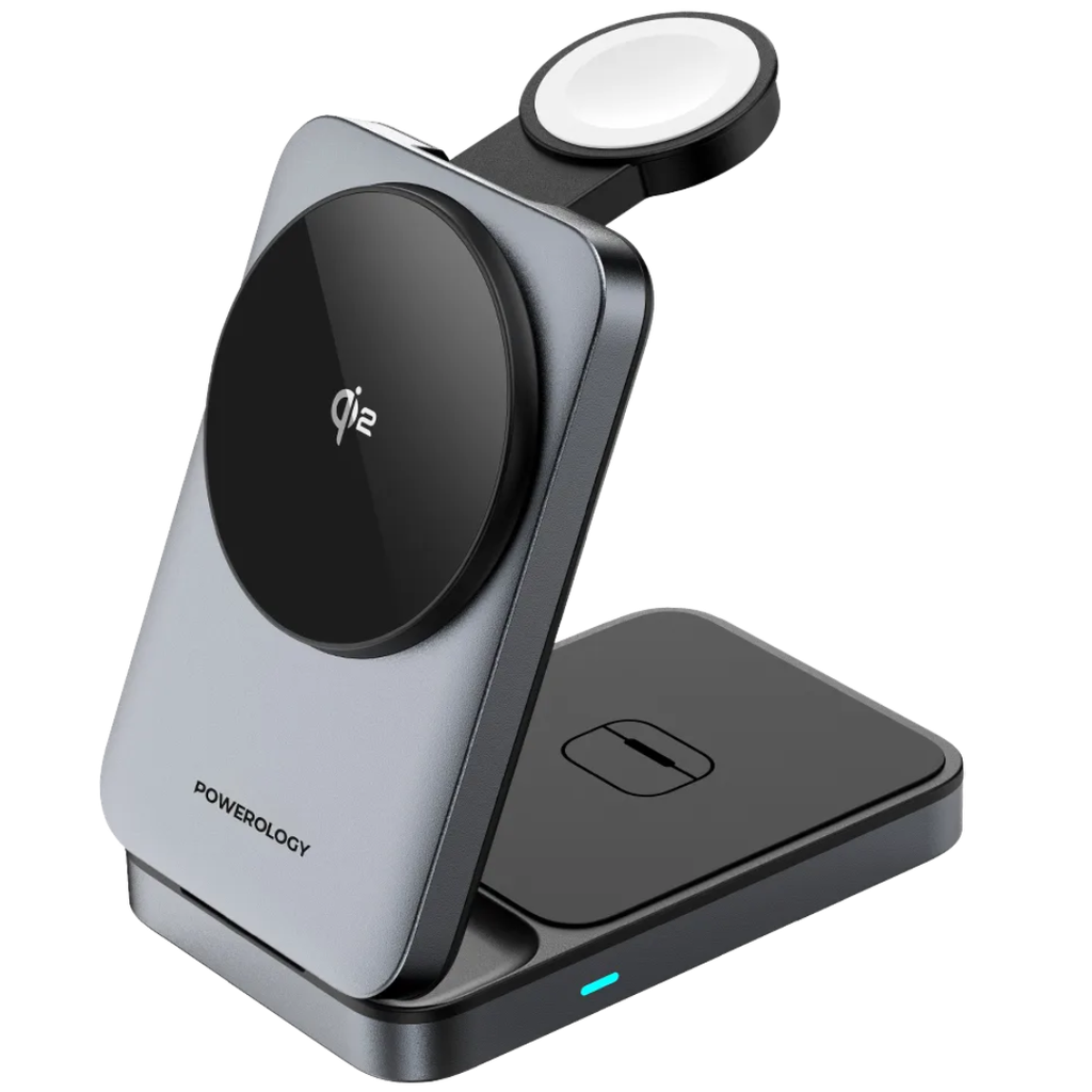 Powerology Qi2 3-in-1 foldable charging hub in black
