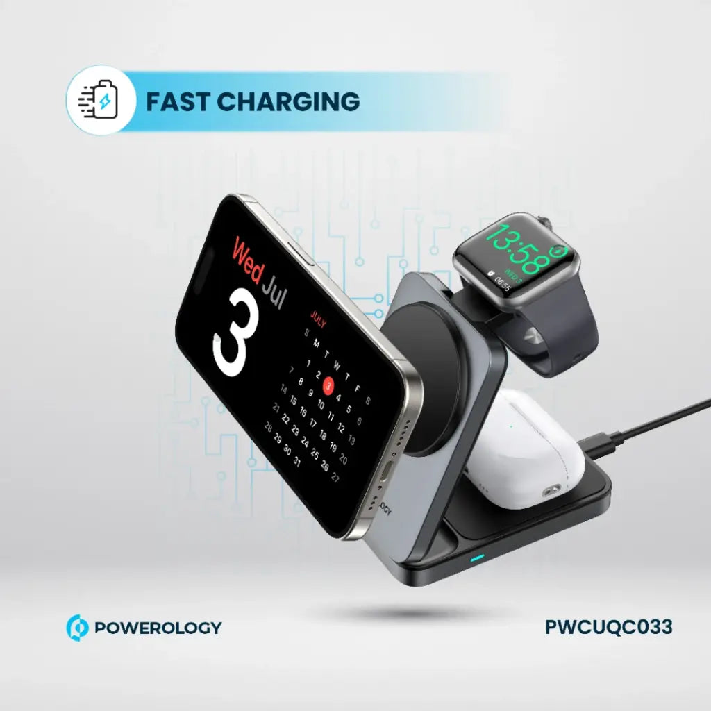 Powerology Qi2 hub vertical phone charging view