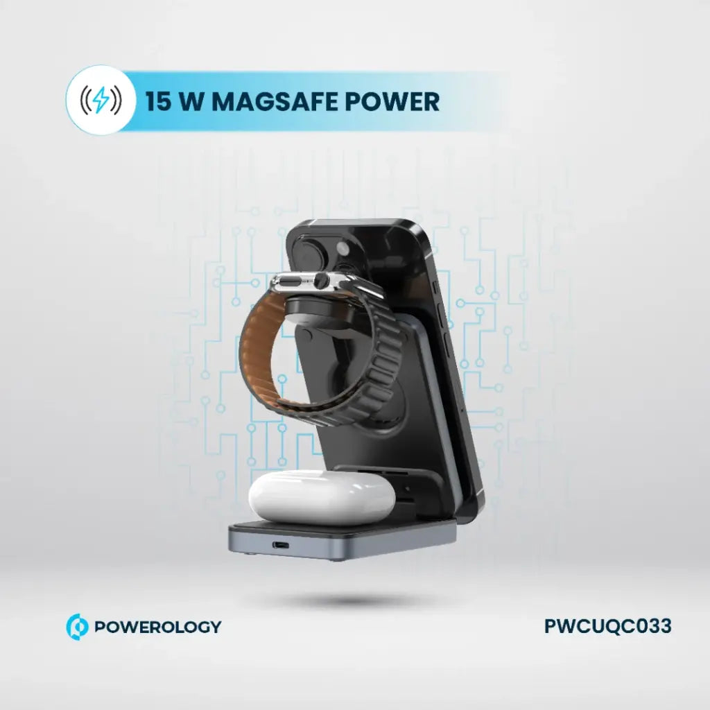 Powerology Qi2 hub horizontal phone charging view