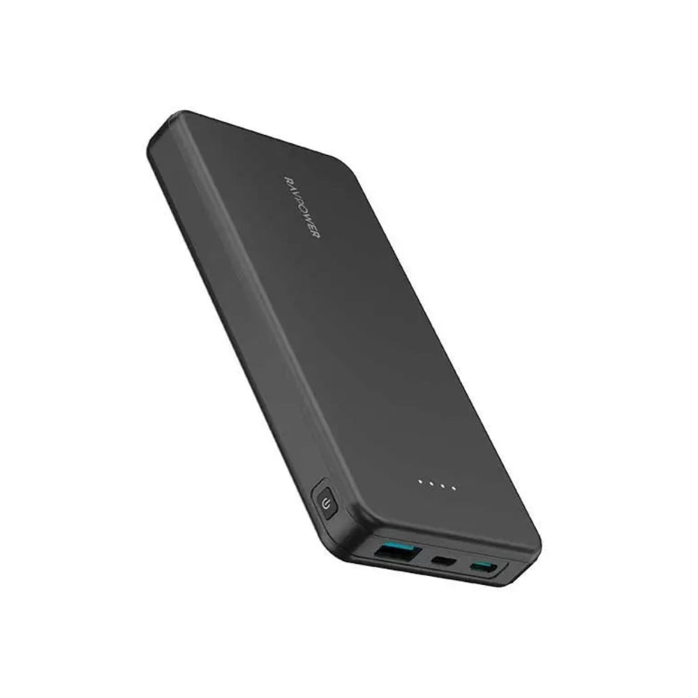A black rectangular portable power bank with a matte finish, shown at an angle on a plain white background. The brand name 'MUMBLESTONE' is printed in white on the top surface, and there are four LED battery indicator lights on the front.