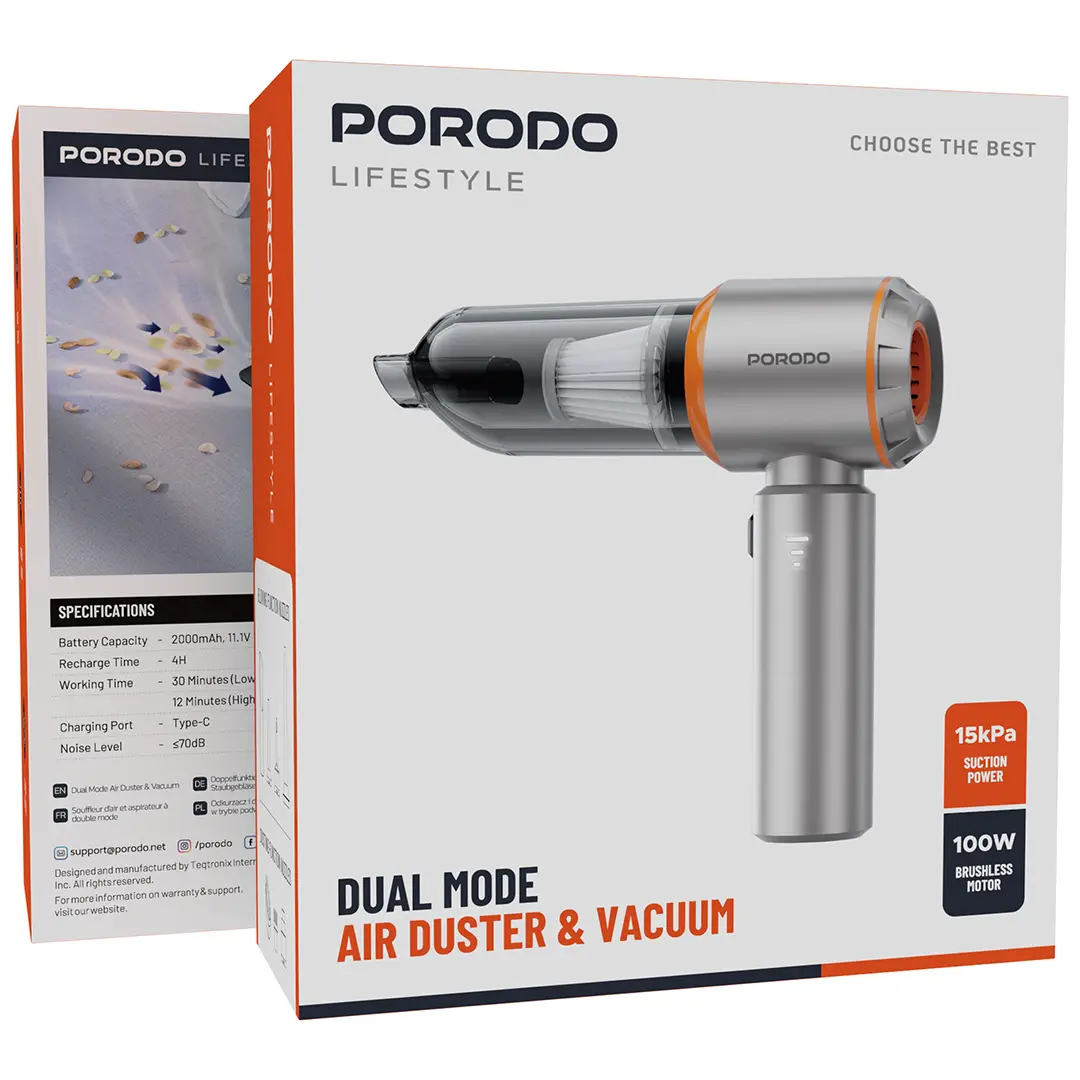 Porodo Lifestyle 2-in-1 Portable Vacuum Cleaner & Air Duster – Compact Cleaning Tool (Black)