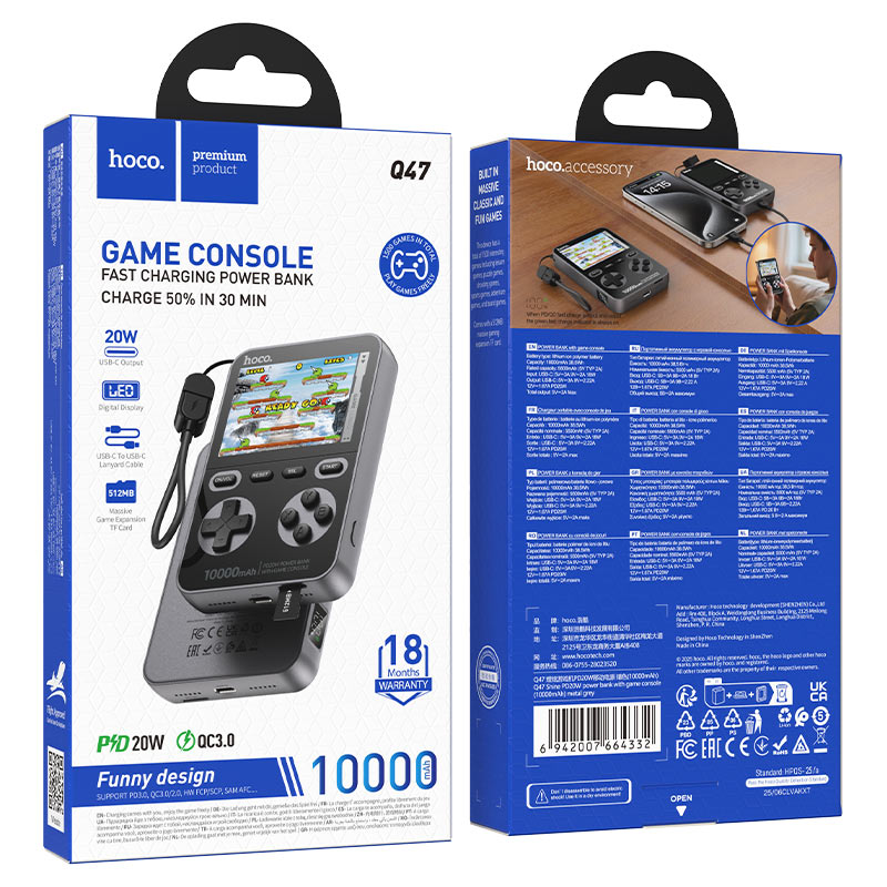Q47 Shine Power Bank 10000mAh PD20W with Built-In Retro Game Console