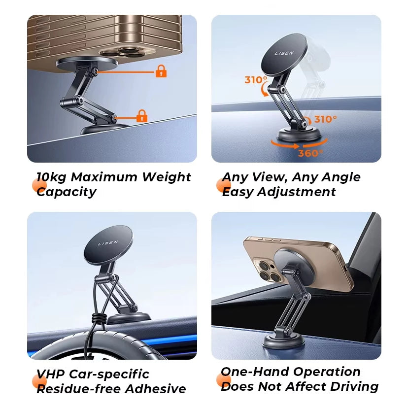 LISEN Magnetic 360° Rotatable Foldable Metal Car Phone Holder