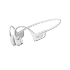 White bone conduction wireless earplugs with a curved headband design, featuring a visible 'SHOK' brand logo on the temple arm, set against a solid white background.