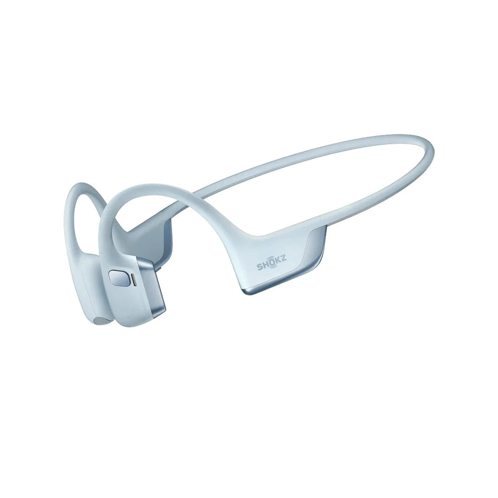 A pair of white bone conduction wireless earphones with a flexible curved band, shown on a solid white background. The brand name 'shouze' is printed on the side of the earpiece.
