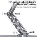 A silver metal mounting bracket with adjustable screws and text explaining that through-hole embedded screws allow free rotation and adjustment.
