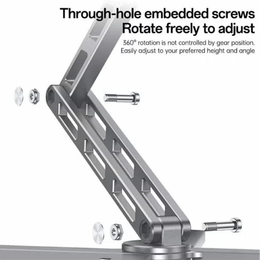 A silver metal mounting bracket with adjustable screws and text explaining that through-hole embedded screws allow free rotation and adjustment.