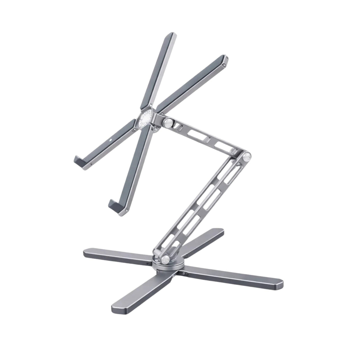 A silver metallic adjustable stand with a folding hinge design and four flat support arms, shown on a plain white background.